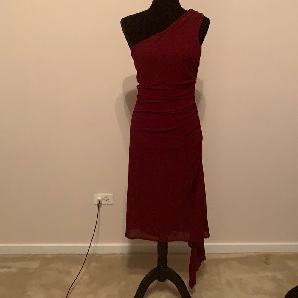 Laundry dress, maroon, one shoulder